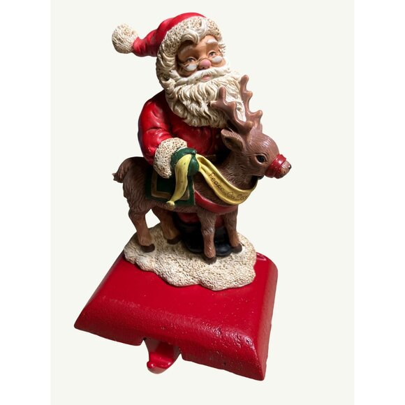 Christmas Handpainted Vintage Stocking Hanger Santa W/Reindeer Adjustable - Picture 7 of 12